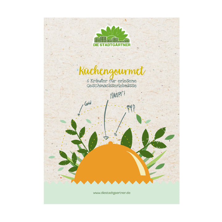 Illustration einer Gewürzpflanzen-Verpackung mit dem Text "Küchengourmet, 6 Kräuter für erlebte Geschmackserlebnisse" und dem Logo "Die Stadtgärtner" oben.