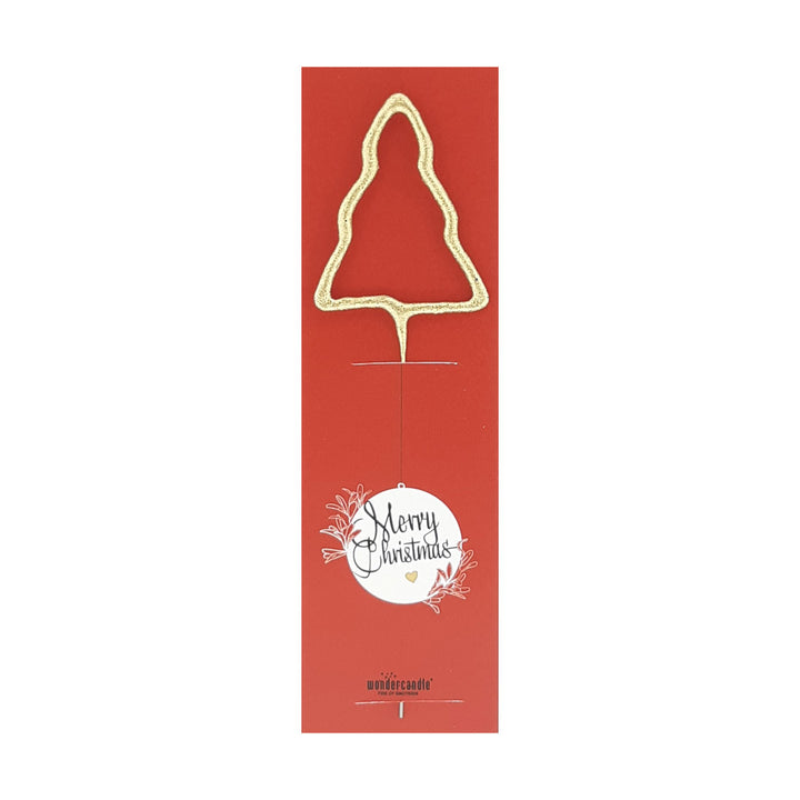 Rote Weihnachtskarte mit goldenem Tannenbaum und "Merry Christmas" Schriftzug.