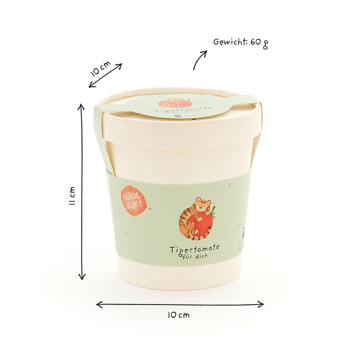 Becher mit Tigertomate-Illustration, 11 cm hoch, 10 cm Durchmesser, Gewicht 60 g.