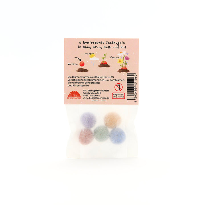 Eine Tüte mit fünf bunten Saatkugeln in Blau, Grün, Gelb und Rot, sowie einer Anleitung und Infos auf der Rückseite der Verpackung.