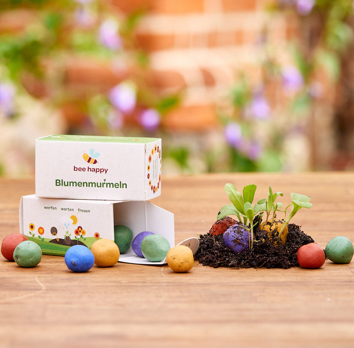 Bunte Blumenmurmeln und Schachtel mit der Aufschrift "bee happy Blumenmurmeln" auf einem Holztisch, daneben Erde mit sprießenden Pflänzchen.