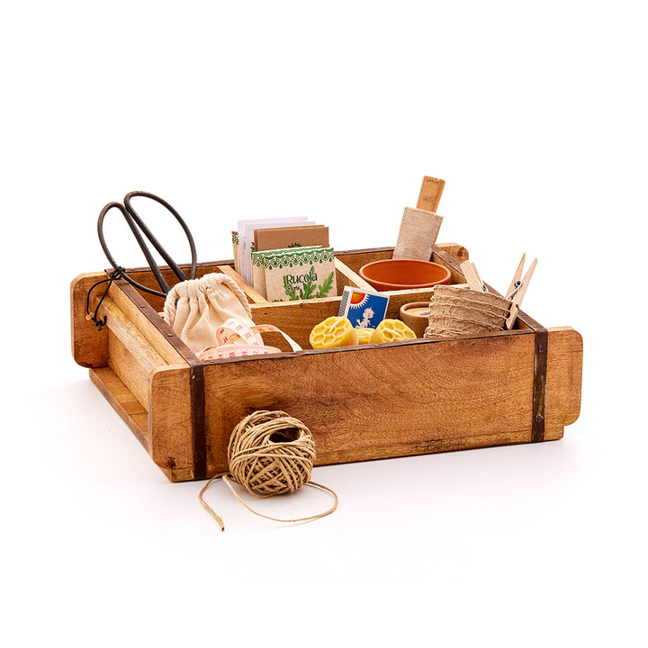 Holzkiste mit verschiedenen Gartenutensilien wie Schere, Samen, Blumentopf, Garn, Wäscheklammer und kleinen Bastelartikeln.