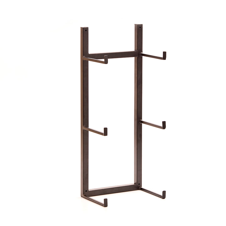 Schwarzer Metallhalter mit sechs Haken, freistehend vor weißem Hintergrund.