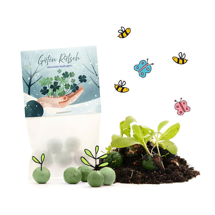 Tüte mit Glücksklee-Saatkugeln, grüne Samenbälle, Pflanzen, Erde und gezeichnete Bienen und Schmetterlinge.