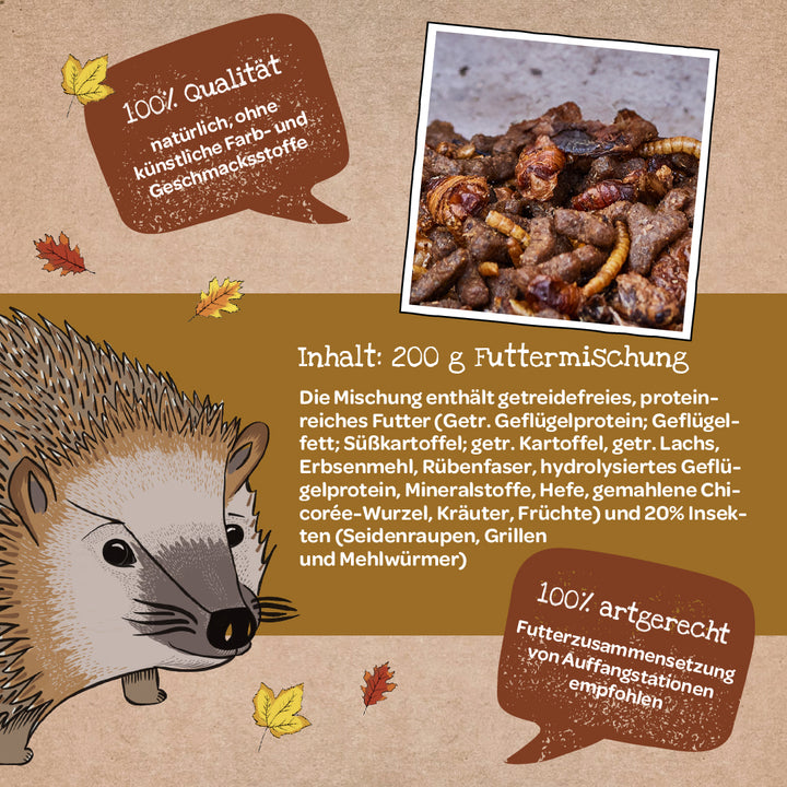 Abbildung zeigt eine Futtermischung für Igel mit Insekten und weiteren natürlichen Zutaten, daneben gezeichneter Igel und Infotexte zur Qualität und Zusammensetzung auf Deutsch.