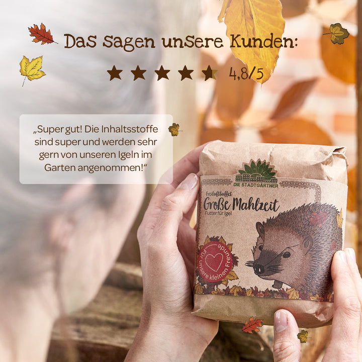 Eine Person hält eine Packung Igel-Futter mit Illustration eines Igels; oben eine Kundenbewertung mit 4,8 von 5 Sternen und positiven Feedback, herbstliche Blätter im Hintergrund.