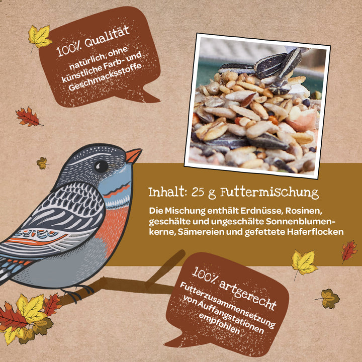 Abbildung einer Vogelfuttermischung mit Erdnüssen, Rosinen, Sonnenblumenkernen, anderen Sämereien und Haferflocken, daneben ein gezeichneter Vogel sowie Hinweise auf die natürliche Qualität und artgerechte Zusammensetzung des Futters.