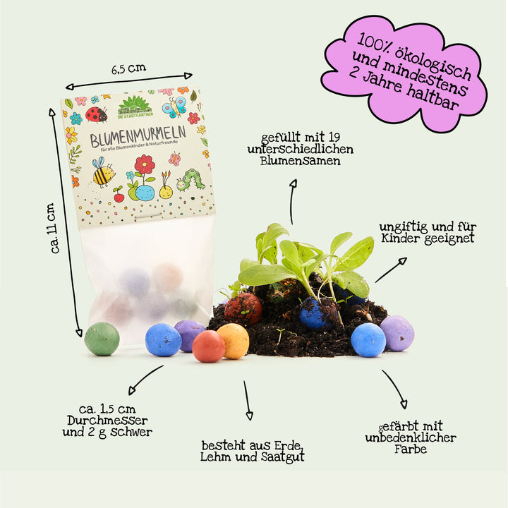 Tüte mit bunten Blumenmurmeln, aus Erde, Lehm und Saatgut, mit Pflanzen und beschreibenden Texten zu Größe, Gewicht und Eigenschaften; 100% ökologisch, ungiftig und für Kinder geeignet.