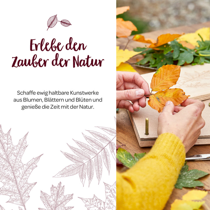 Person bastelt mit bunten Herbstblättern an einem Holztisch, daneben Text „Erlebe den Zauber der Natur“ und Beschreibung auf Deutsch.