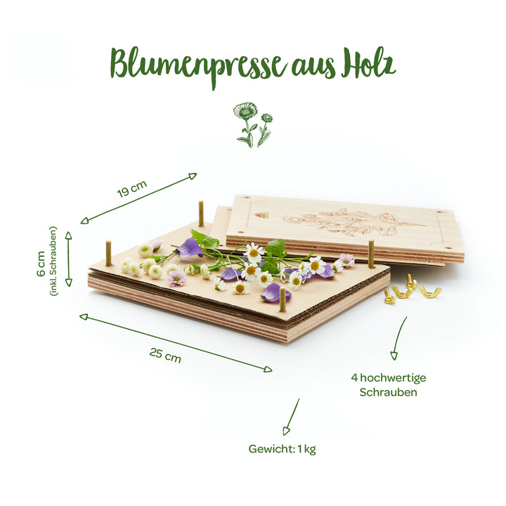 Holz-Blumenpresse mit aufliegenden Blumen und Maßen (25 cm x 19 cm x 6 cm), vier Schrauben und einem Gewicht von 1 kg.