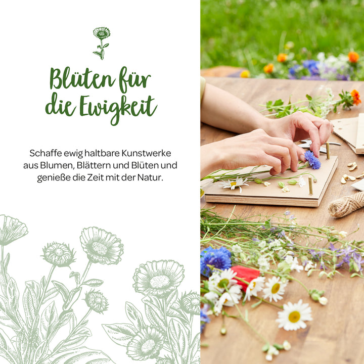 Person legt bunte Blumen und Blätter auf ein Brett zur Herstellung eines Blumenpress-Bildes, daneben Text: „Blüten für die Ewigkeit“.