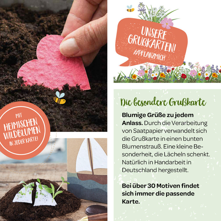 Eine Hand pflanzt eine herzförmige Saatpapierkarte in Erde; daneben Text über Grußkarten aus Saatpapier mit heimischen Wildblumen, die zu Blumen wachsen, und beschreibende Informationen zur besonderen Grußkarte.