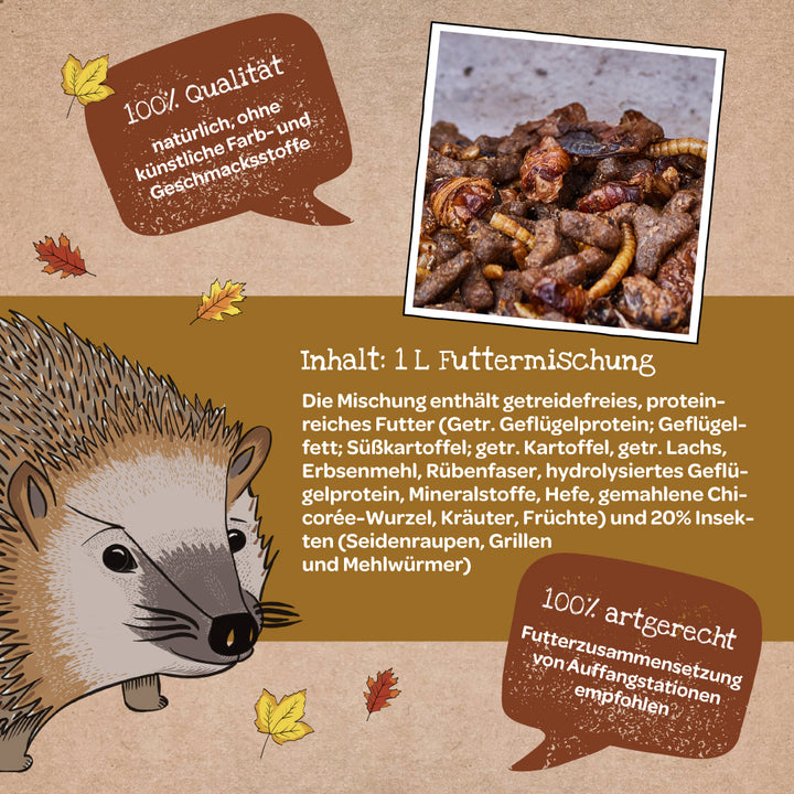 Illustration von einem Igel mit herbstlichen Blättern, daneben Text über die Qualität, artgerechte Zusammensetzung und Inhaltsstoffe einer getreidefreien Futtermischung, sowie ein Foto des Futters mit Insekten und Pellets.