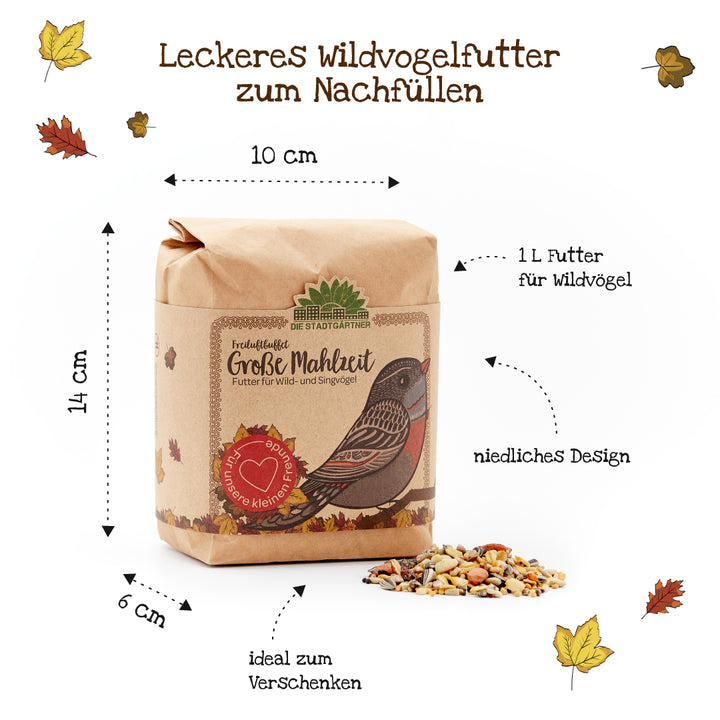 Papiertüte mit Wildvogelfutter, illustriertem Vogelmotiv und verstreutem Vogelfutter, umgeben von herbstlichen Blättern und Beschriftungen zu Größe und Verwendung.
