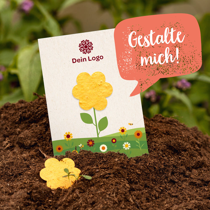 Karte mit gelber Blume im Blumenbeet, Sprechblase mit „Gestalte mich!“, Platz für Logo.
