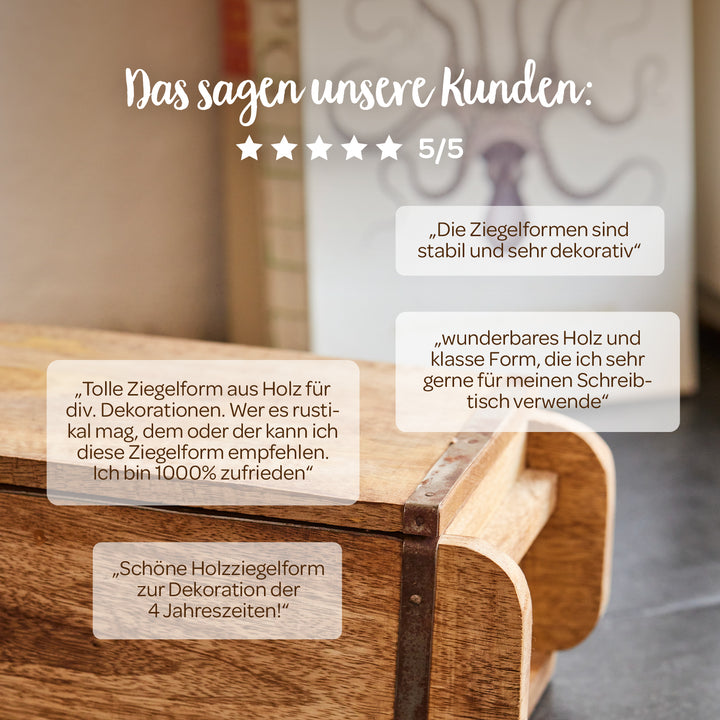 Holzziegelform mit Kundenbewertungen auf Deutsch, die das Produkt als dekorativ, stabil und vielseitig einsetzbar loben; 5 von 5 Sternen werden angezeigt.