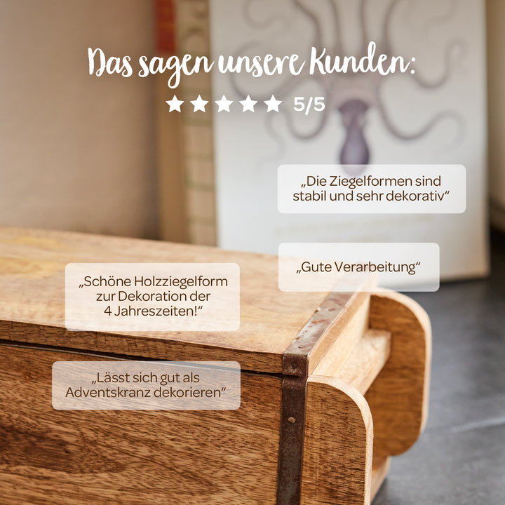 Holzziegelform mit Kundenbewertungen, darunter Aussagen wie „stabil und sehr dekorativ“, „schöne Holzziegelform zur Dekoration“, „gute Verarbeitung“ und 5-Sterne-Bewertung.
