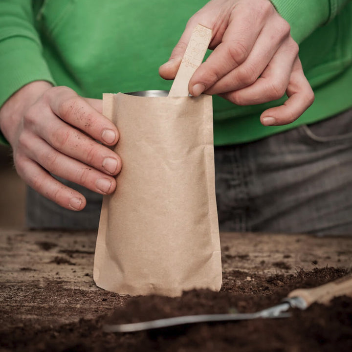 Zwei Hände halten eine braune Papiertüte, während eine Hand einen Holzstab hineinsteckt; im Vordergrund liegt Erde und ein Gartengerät auf einem Holztisch.