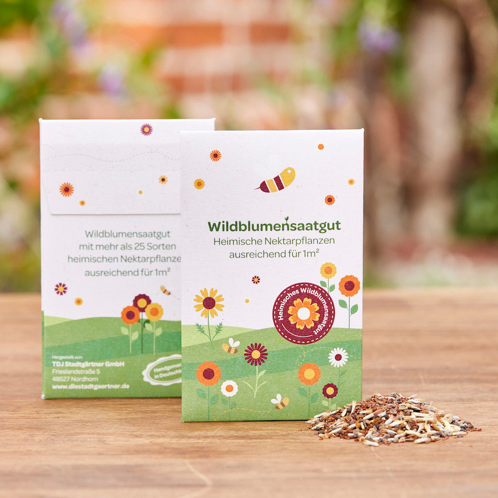 Zaadjes van wilde bloemen in een bedrukte envelop als reclamemiddel.