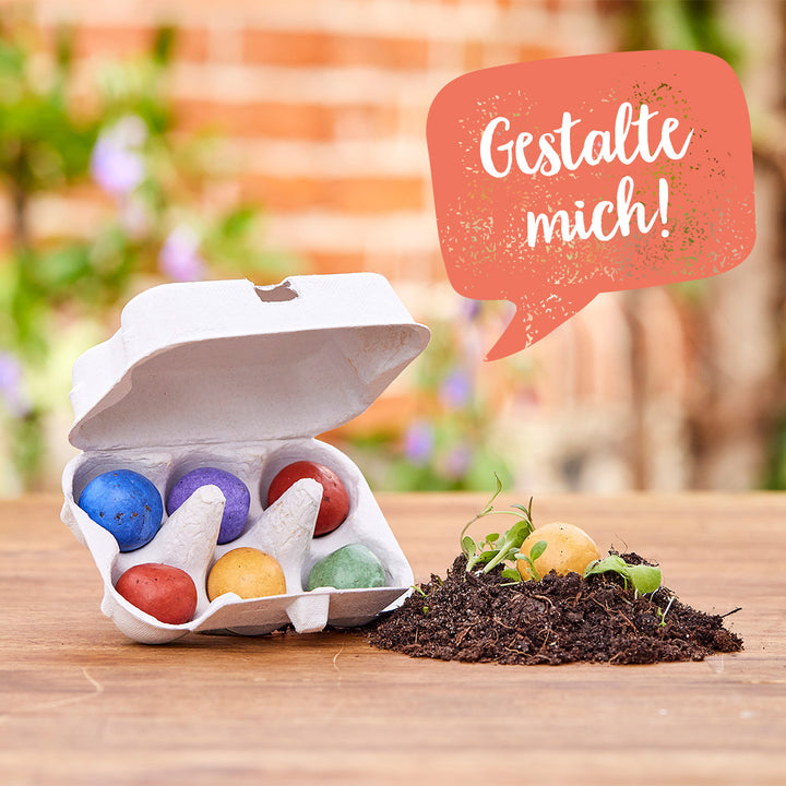 Ein geöffneter Eierkarton mit bunten Samenbomben und ein Erdhaufen mit Keimlingen auf einem Holztisch; Sprechblase mit dem Text "Gestalte mich!"
