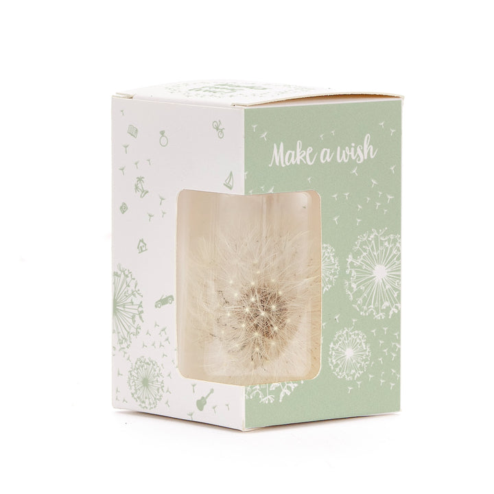 Geschenkbox mit einem Löwenzahn und der Aufschrift "Make a wish".