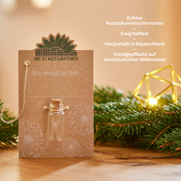 Karte mit Fläschchen und Pusteblumen, verziert mit Logo "Die Stadtgärtner", daneben Beschreibungstext. Im Hintergrund Tannenzweige und Lichter.