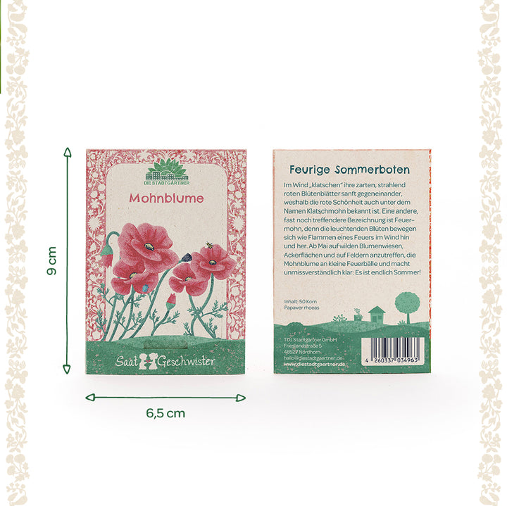 Zwei Saatgut-Tütchen der Marke "Die Stadtgärtner" für Mohnblumen, Vorderseite mit Illustration roter Mohnblumen, Rückseite mit Beschreibungstext, Gesamtgröße 9 x 6,5 cm.
