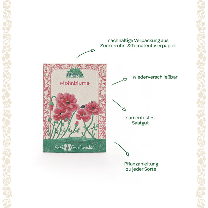 Saatgut-Tütchen für Mohnblumen mit illustrierten roten Mohnblumen, nachhaltige Verpackung, wiederverschließbar, samenfestes Saatgut und Pflanzanleitung, umgeben von floraler Umrandung.