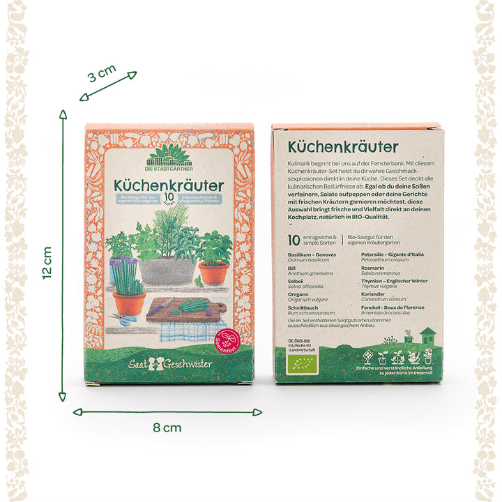 Zwei Verpackungen eines Küchenkräuter-Sets mit detaillierter Beschreibung und bunten Illustrationen von Kräutern, daneben Maßangaben: 12 cm hoch, 8 cm breit, 3 cm tief.