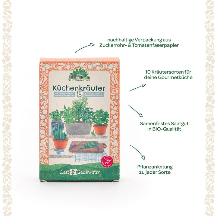 Verpackung mit der Aufschrift „Küchenkräuter“, zeigt verschiedene Kräutertöpfe und Hinweise auf nachhaltige Verpackung, BIO-Saatgut und Pflanzanleitungen.