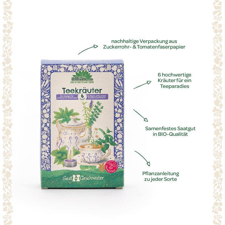 Verpackung von Bio-Teekräutersamen mit sechs Kräutersorten, nachhaltigem Zuckerrohr- und Tomatenfaserpapier, illustrierten Pflanzen und Hinweisen zu BIO-Qualität und Anbauanleitung.