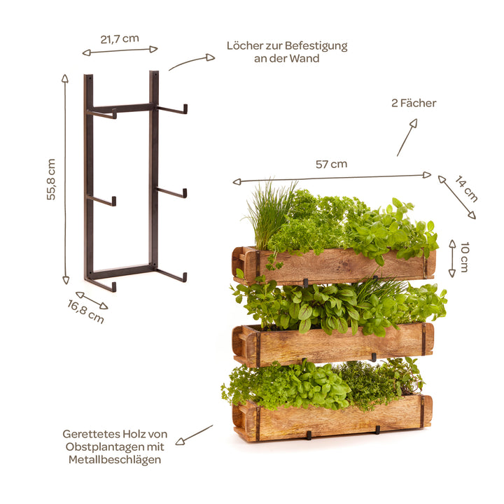 Wandregal aus Metall und Holz, Maße und Details in Deutsch beschriftet, mit bepflanzten Holzfächern für Kräuter.