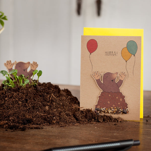 Eine Grußkarte mit einem fröhlichen Maulwurf, bunten Luftballons und dem Schriftzug "Hurra!", daneben ein Maulwurfdeko im Erdreich mit grünem Pflänzchen.