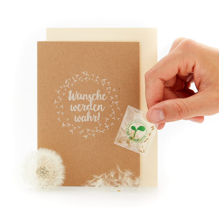 Eine Hand hält eine biologisch abbaubare Karte mit der Aufschrift "Wünsche werden wahr!", umgeben von Pusteblumen.