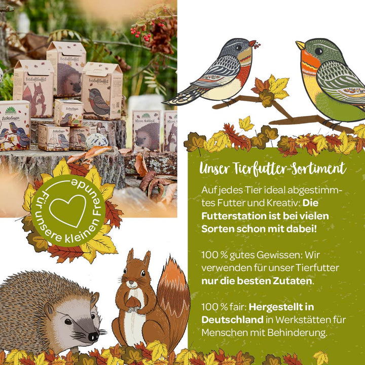Werbebild für Tierfutter-Produkte mit Illustrationen von Vögeln und einem Eichhörnchen, umgeben von Herbstlaub.