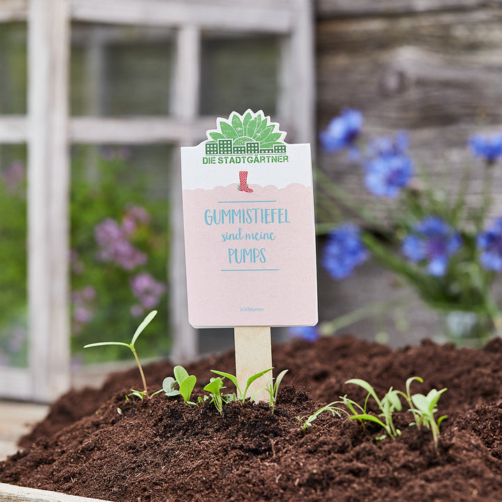 Schild mit der Aufschrift „Gummistiefel sind meine Pumps“ steckt in einem Beet mit jungen Pflanzen; unscharfer Hintergrund mit Blumen.